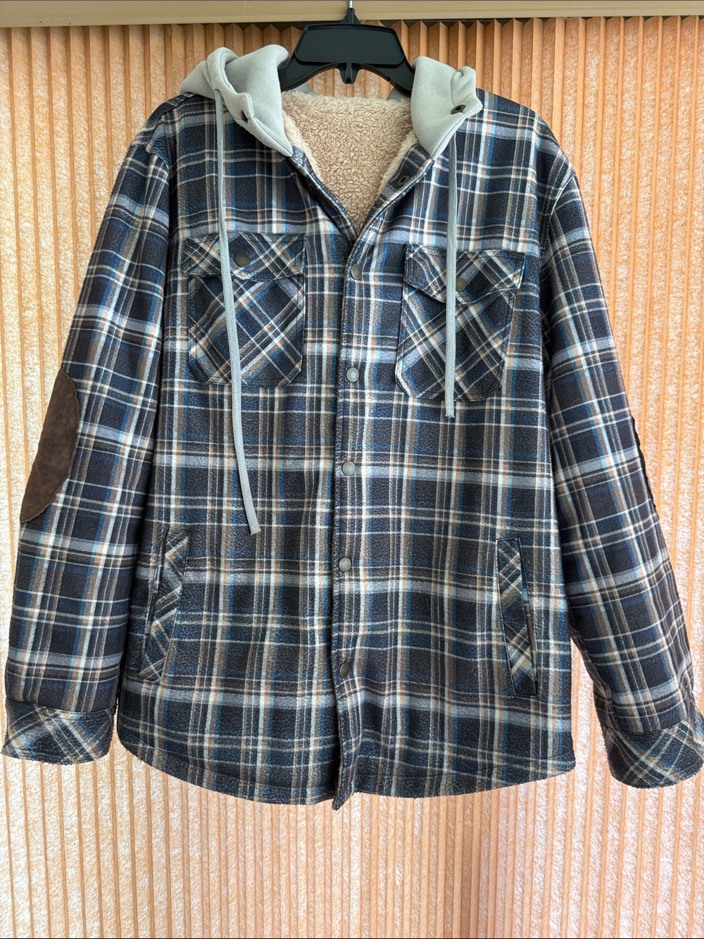 Men's Plaid Sherpa-Lined Hooded Jacket Size L
